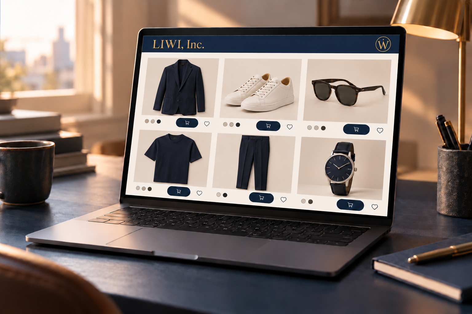 The LIWI website on a laptop, with a navy header, LIWI, Inc. at left and the gold logo at right, above the catalog of products worn in the TV scene
