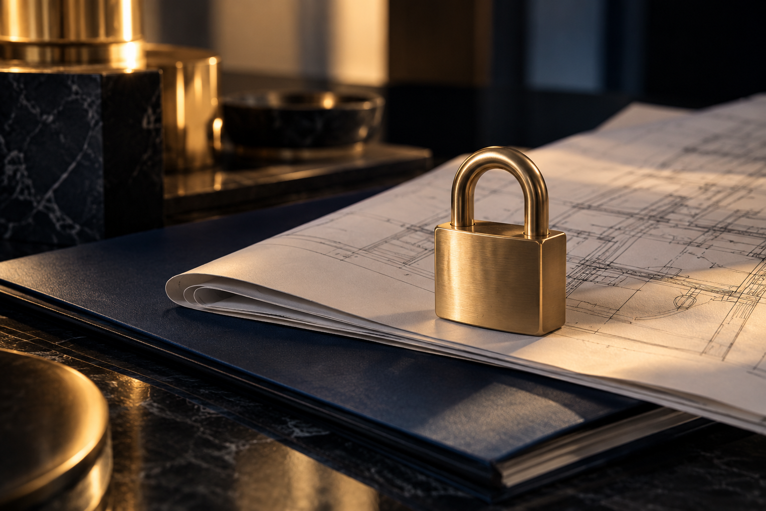 Brass lock and documents representing intellectual property