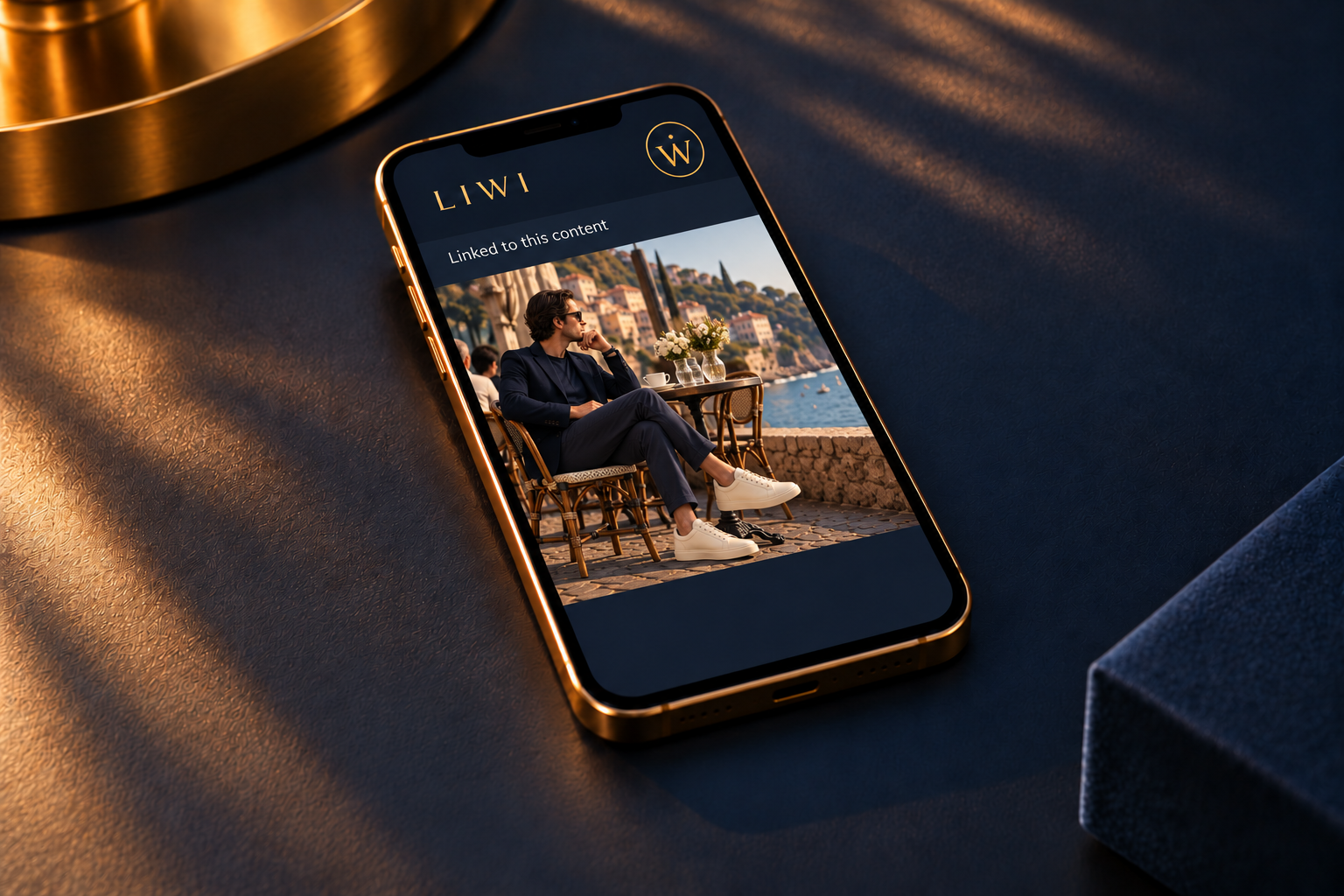 The LIWI app displays the same seaside cafe scene as the TV, with the man wearing ivory sneakers and the LIWI logo at the top right