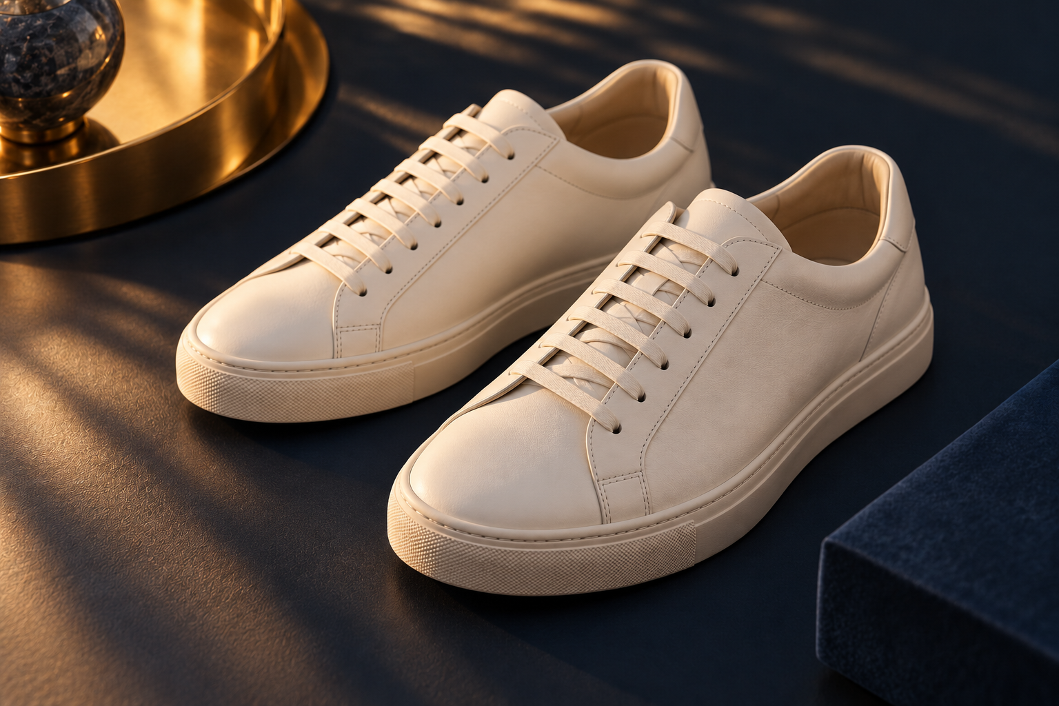 The pair of ivory leather sneakers, without a phone
